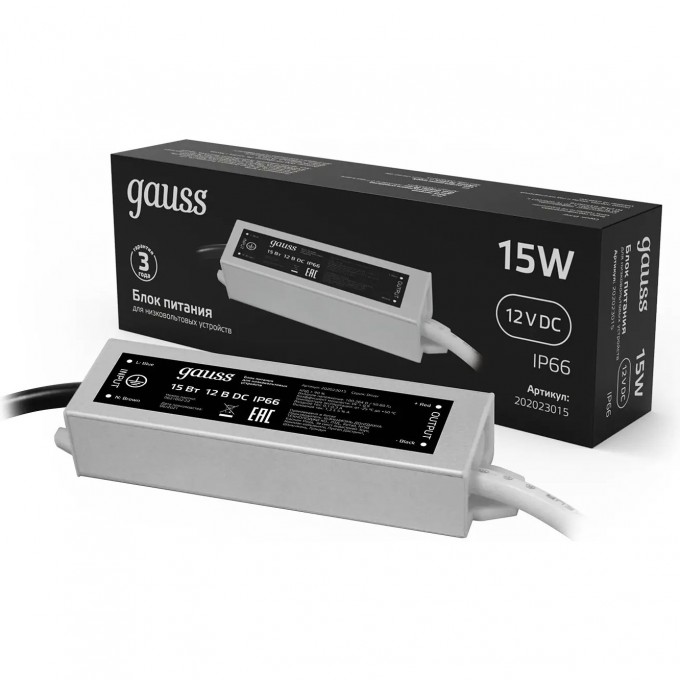 Блок питания GAUSS BLACK 15W 12V IP66 1/100 202023015 Блок питания GAUSS BLACK 15W 12V IP66 1/100 202023015