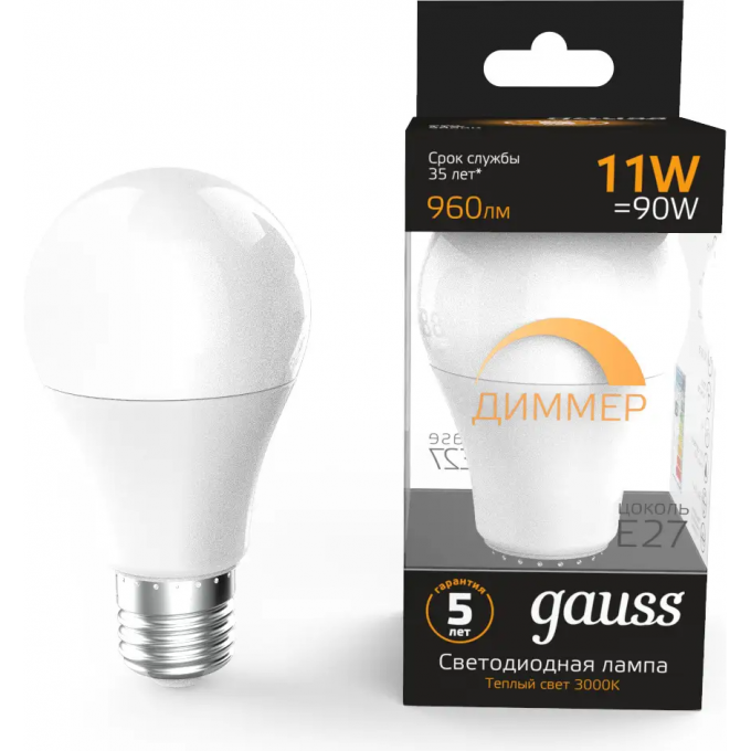 Лампа GAUSS A60 11W 960lm 3000К E27 диммируемая LED 102502111-D Лампа GAUSS A60 11W 960lm 3000К E27 диммируемая LED 102502111-D