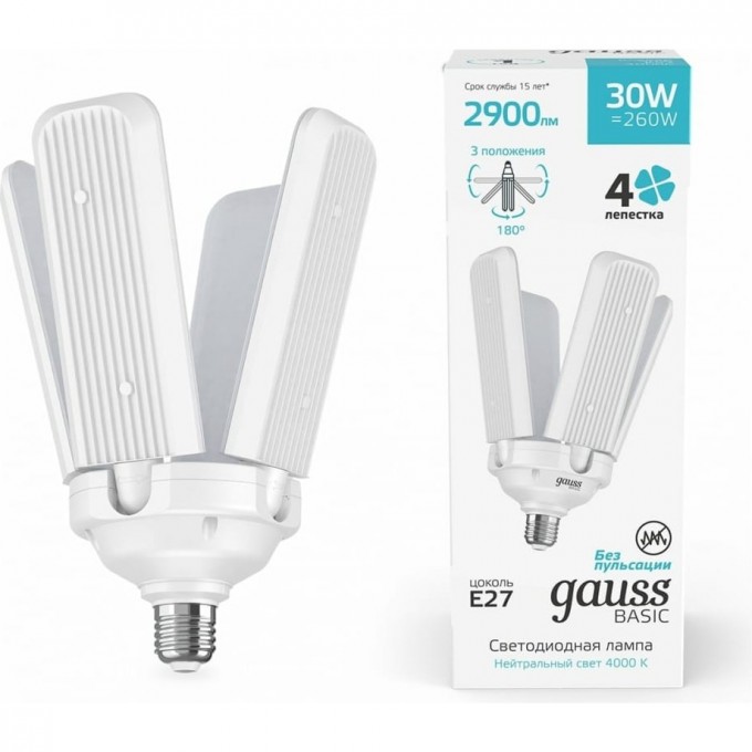 Лампа GAUSS BASIC 30W 2900LM 4000K E27 Клевер-4 LED 1/20 11732232 Лампа GAUSS BASIC 30W 2900LM 4000K E27 Клевер-4 LED 1/20 11732232