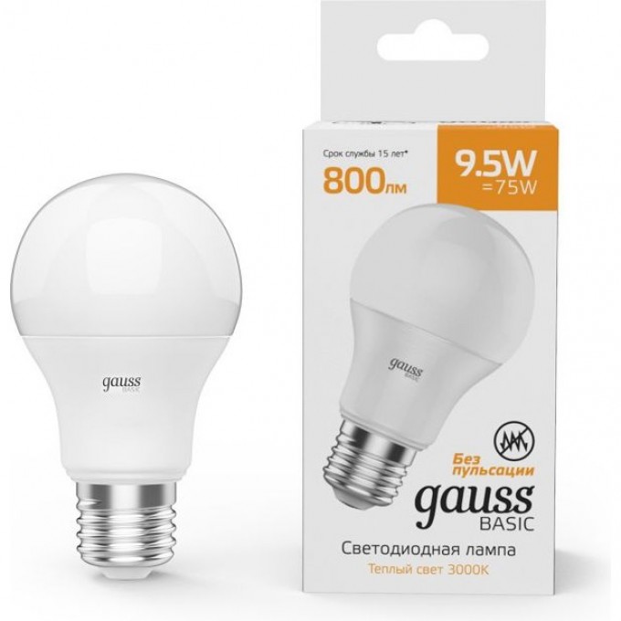 Лампа GAUSS BASIC A60 9,5W 800LM 3000K Е27 LED 1/10/50 1023210 Лампа GAUSS BASIC A60 9,5W 800LM 3000K Е27 LED 1/10/50 1023210