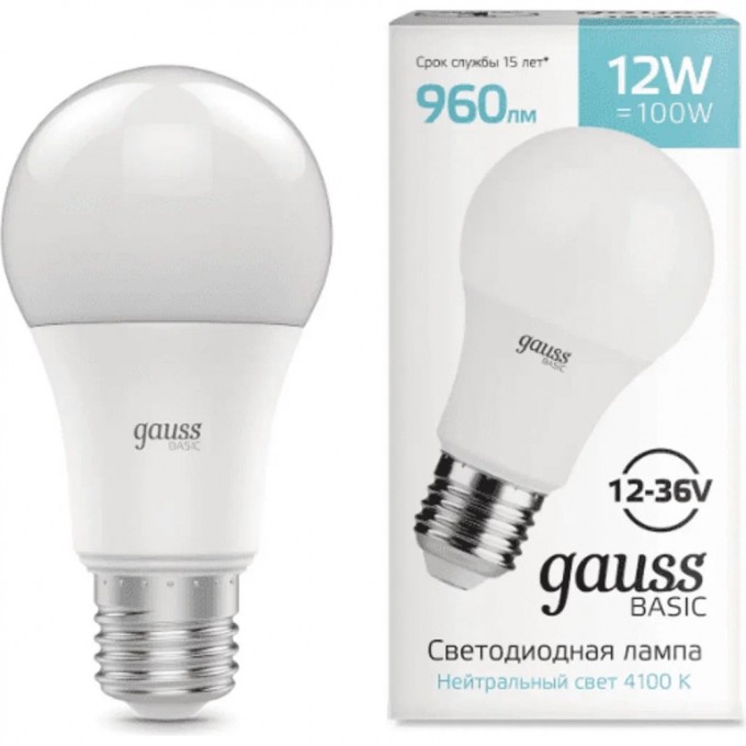 Лампа GAUSS BASIC A60 AC12-36V 12W 960LM 4100K E27 LED 1/5/50 202402212 Лампа GAUSS BASIC A60 AC12-36V 12W 960LM 4100K E27 LED 1/5/50 202402212