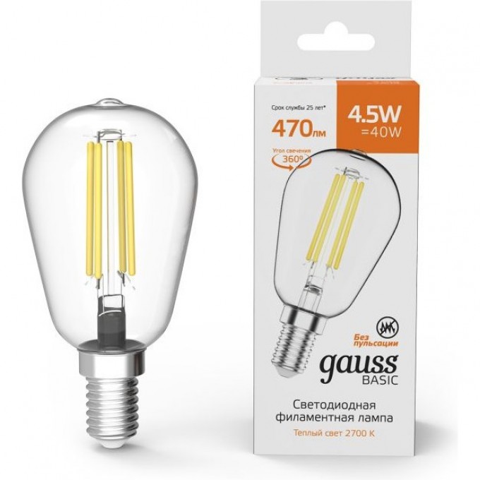 Лампа GAUSS BASIC FILAMENT ST45 4,5W 470LM 2700К Е14 LED 1/10/50 1141115 Лампа GAUSS BASIC FILAMENT ST45 4,5W 470LM 2700К Е14 LED 1/10/50 1141115