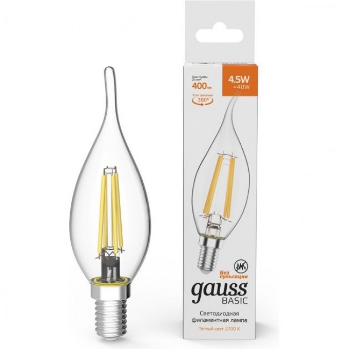 Лампа GAUSS BASIC FILAMENT Свеча на ветру 4,5W 400LM 2700К Е14 LED 1/10/50 1041115 Лампа GAUSS BASIC FILAMENT Свеча на ветру 4,5W 400LM 2700К Е14 LED 1/10/50 1041115