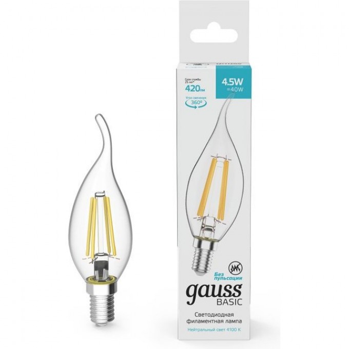Лампа GAUSS BASIC FILAMENT Свеча на ветру 4,5W 420LM 4100К Е14 LED 1/10/50 1041125 Лампа GAUSS BASIC FILAMENT Свеча на ветру 4,5W 420LM 4100К Е14 LED 1/10/50 1041125