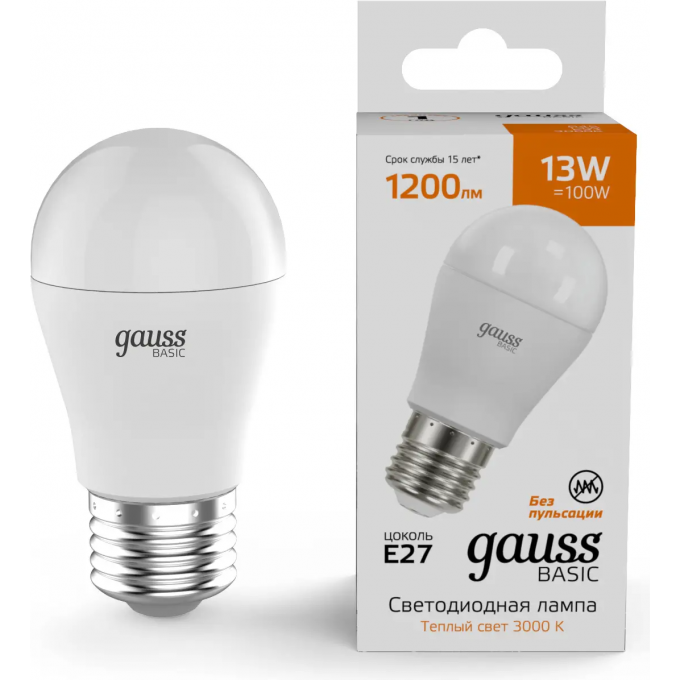 Лампа GAUSS BASIC ШАР 13W 1200lm 3000K E27 LED 1/10/100 10502132 Лампа GAUSS BASIC ШАР 13W 1200lm 3000K E27 LED 1/10/100 10502132