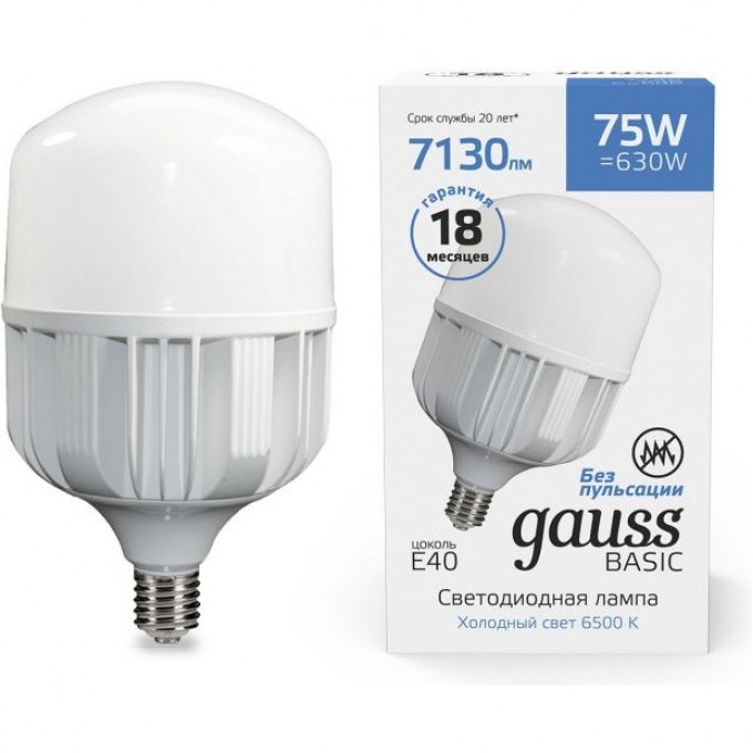 Лампа GAUSS BASIC T140 AC180-240V 75W 7130LM 6500K E40 LED 1/12 11734382 Лампа GAUSS BASIC T140 AC180-240V 75W 7130LM 6500K E40 LED 1/12 11734382