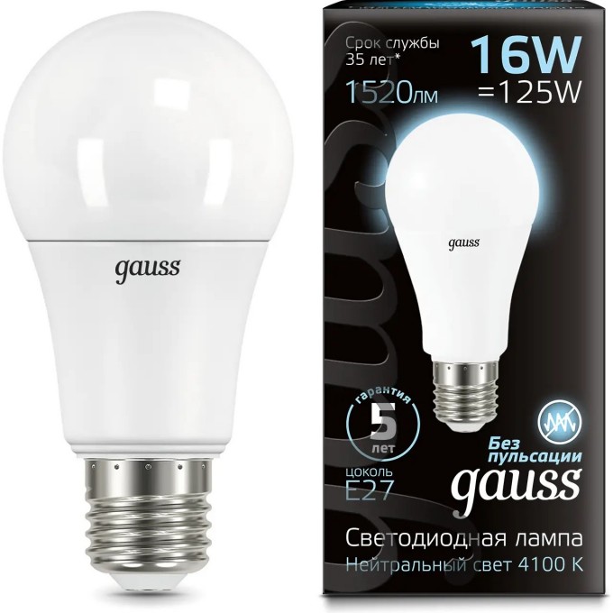Лампа GAUSS BLACK A60 16W 1520lm 4100K E27 LED 1/10/50 102502216 Лампа GAUSS BLACK A60 16W 1520lm 4100K E27 LED 1/10/50 102502216