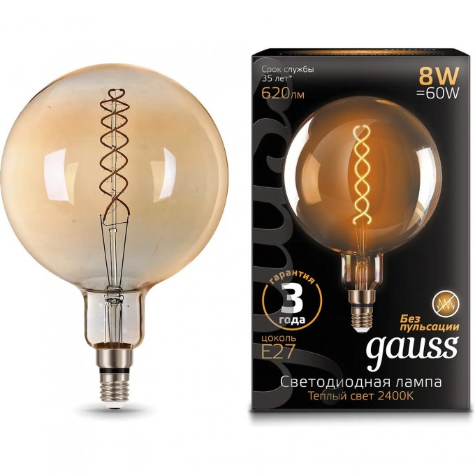 Лампа GAUSS BLACK FILAMENT G200 8W 620lm 2400К Е27 golden flexible LED 1/6 154802008 Лампа GAUSS BLACK FILAMENT G200 8W 620lm 2400К Е27 golden flexible LED 1/6 154802008