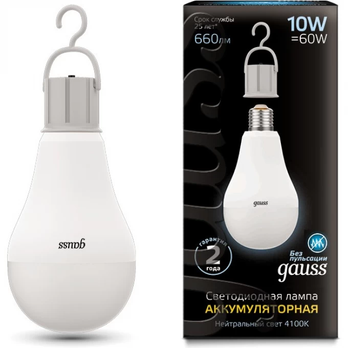 Лампа GAUSS BLACK LED A60 E27 10W 660 Лм 4100К с LI-ION аккумулятором 102402200 Лампа GAUSS BLACK LED A60 E27 10W 660 Лм 4100К с LI-ION аккумулятором 102402200