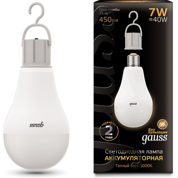 Лампа Gauss BLACK LED A60 E27 7W 450 Лм 3000К с Li-Ion аккумулятором 102402107 Лампа Gauss BLACK LED A60 E27 7W 450 Лм 3000К с Li-Ion аккумулятором 102402107