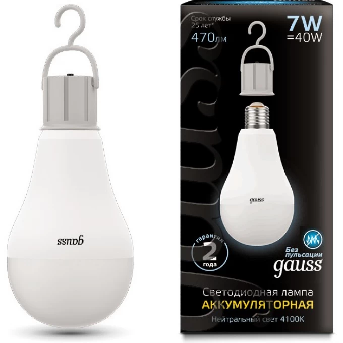 Лампа Gauss BLACK LED A60 E27 7W 470 Лм 4100К с Li-Ion аккумулятором 102402207 Лампа Gauss BLACK LED A60 E27 7W 470 Лм 4100К с Li-Ion аккумулятором 102402207