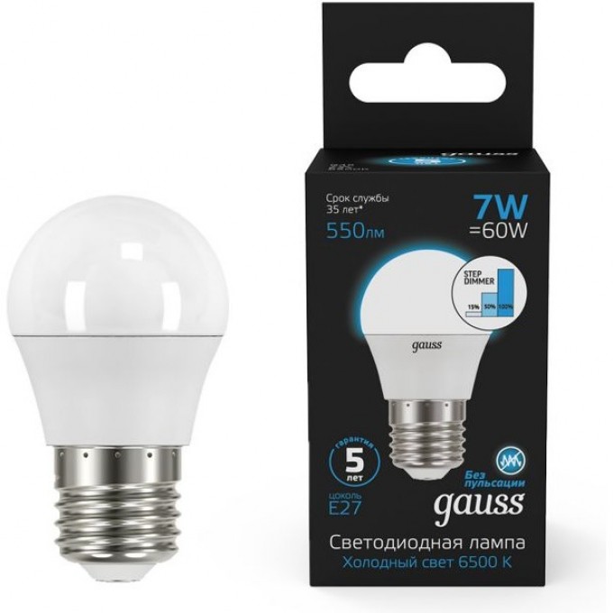 Лампа GAUSS BLACK Шар 7W 550LM 6500K Е27 LED 1/10/100 шаг. диммирование 105102307-S Лампа GAUSS BLACK Шар 7W 550LM 6500K Е27 LED 1/10/100 шаг. диммирование 105102307-S