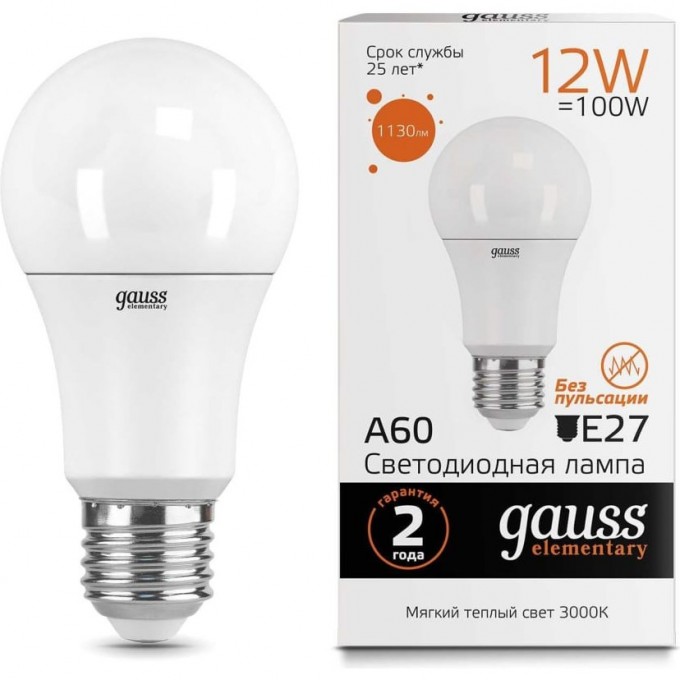Лампа GAUSS ELEMENTARY A60 12W 1130lm 3000K E27 LED 23212 Лампа GAUSS ELEMENTARY A60 12W 1130lm 3000K E27 LED 23212