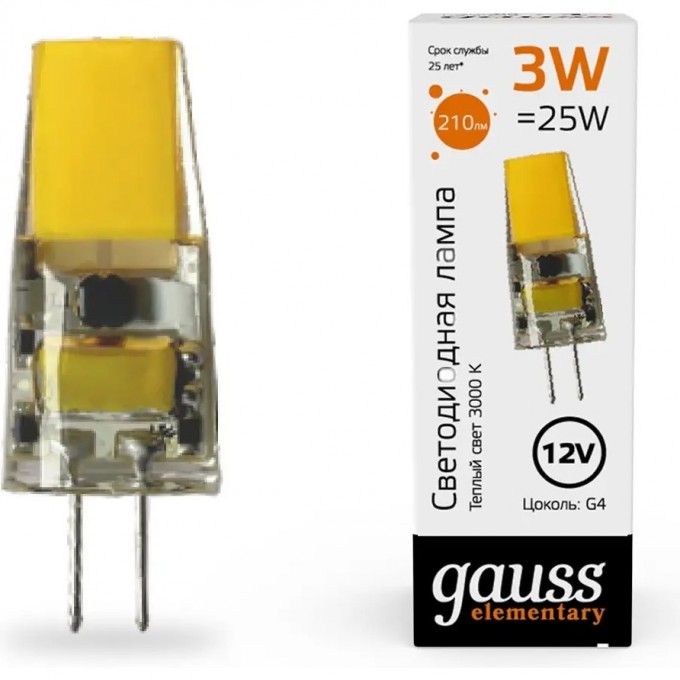 Лампа GAUSS ELEMENTARY G4 12V 3W 250lm 3000K силикон LED 18713 Лампа GAUSS ELEMENTARY G4 12V 3W 250lm 3000K силикон LED 18713
