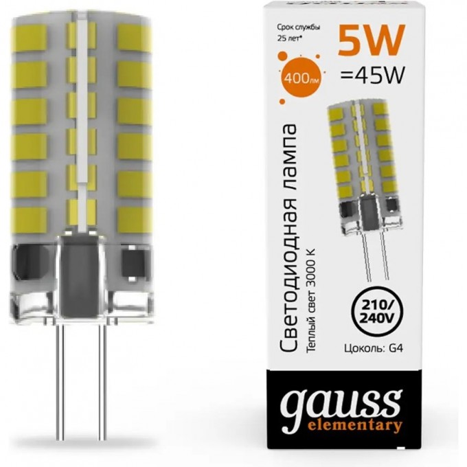 Лампа GAUSS ELEMENTARY G4 AC210-240V 5W 400lm 3000K силикон LED 18015 Лампа GAUSS ELEMENTARY G4 AC210-240V 5W 400lm 3000K силикон LED 18015
