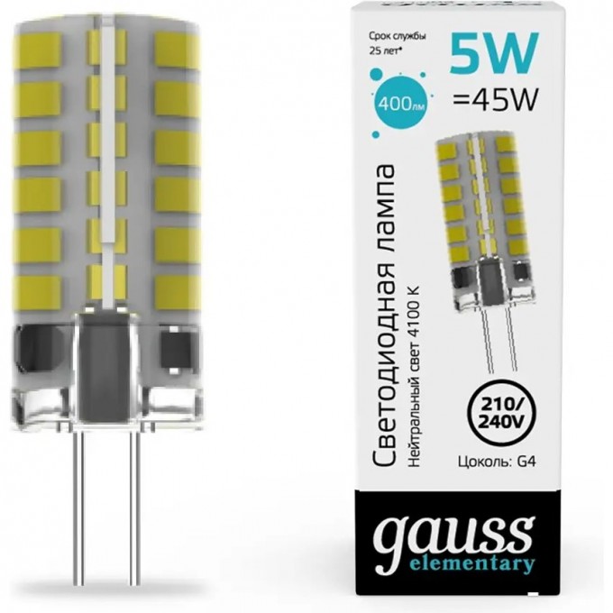 Лампа GAUSS ELEMENTARY G4 AC210-240V 5W 400lm 4100K силикон LED 18025 Лампа GAUSS ELEMENTARY G4 AC210-240V 5W 400lm 4100K силикон LED 18025
