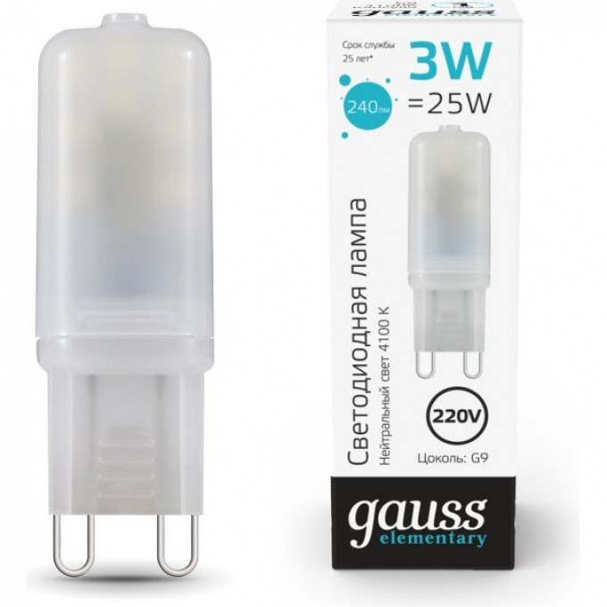 Лампа GAUSS ELEMENTARY G9 AC220-240V 3W 240LM 4100K пластик LED 1/10/200 14923 Лампа GAUSS ELEMENTARY G9 AC220-240V 3W 240LM 4100K пластик LED 1/10/200 14923