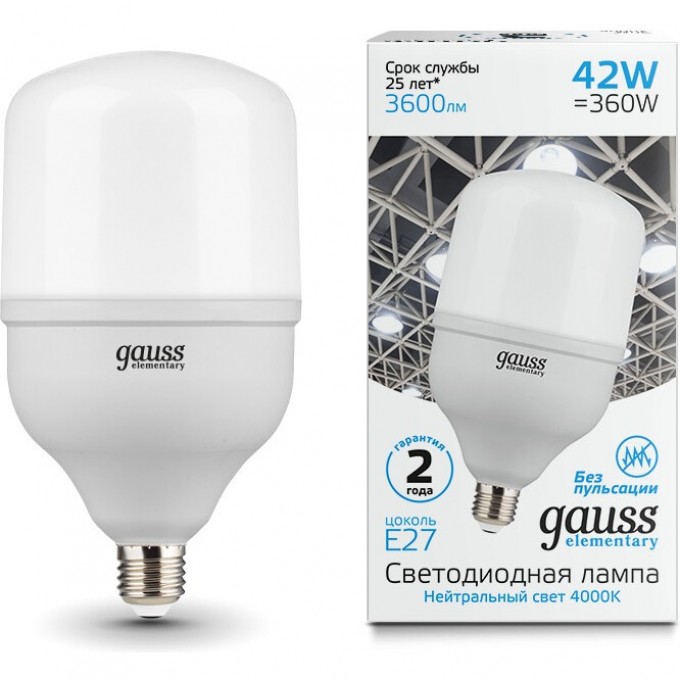 Лампа GAUSS ELEMENTARY LED T120 E27 42W 3600LM 63224 Лампа GAUSS ELEMENTARY LED T120 E27 42W 3600LM 63224