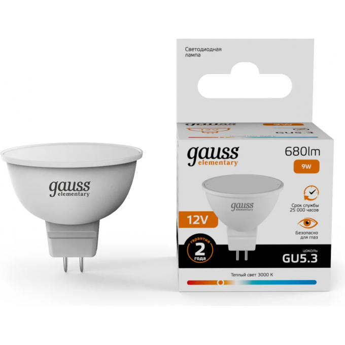 Лампа GAUSS ELEMENTARY MR16 12V 9W 680lm 3000K GU5.3 LED 1/10/100 11519 Лампа GAUSS ELEMENTARY MR16 12V 9W 680lm 3000K GU5.3 LED 1/10/100 11519