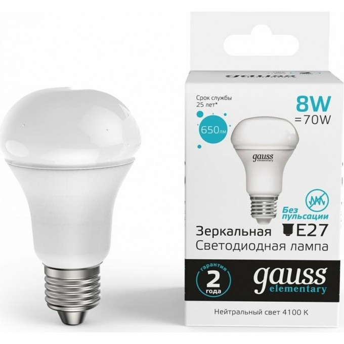 Лампа GAUSS ELEMENTARY R63 8W 650LM 4100K Е27 LED 1/10/40 63228 Лампа GAUSS ELEMENTARY R63 8W 650LM 4100K Е27 LED 1/10/40 63228