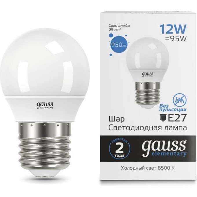 Лампа GAUSS ELEMENTARY Шар 12W 950LM 6500K Е27 LED 1/10/100 53232 Лампа GAUSS ELEMENTARY Шар 12W 950LM 6500K Е27 LED 1/10/100 53232