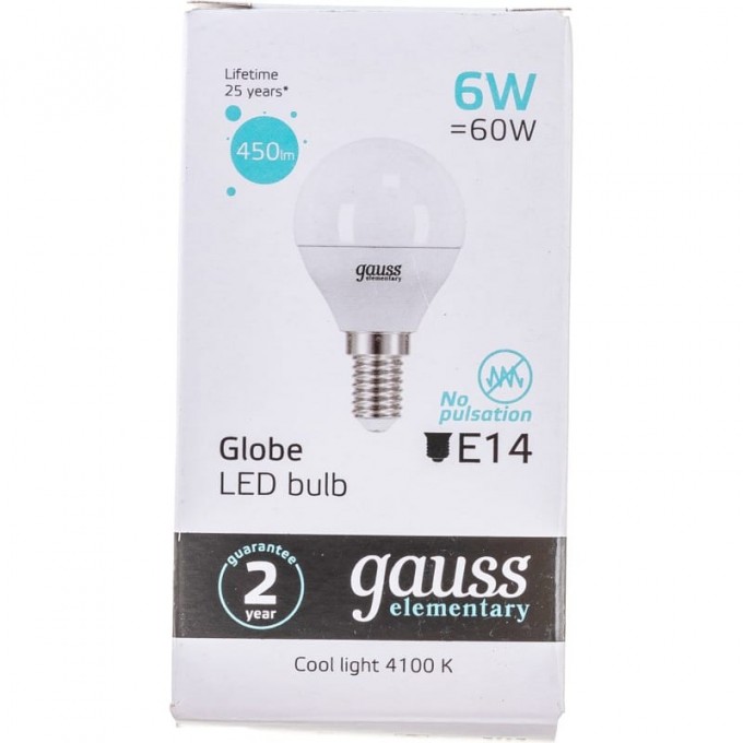 Лампа GAUSS ELEMENTARY Шар 6W 450lm 4100K Е14 LED 53126 Лампа GAUSS ELEMENTARY Шар 6W 450lm 4100K Е14 LED 53126