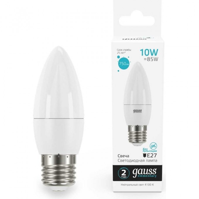 Лампа GAUSS ELEMENTARY Свеча 10W 750lm 4100K E27 LED 30220 Лампа GAUSS ELEMENTARY Свеча 10W 750lm 4100K E27 LED 30220