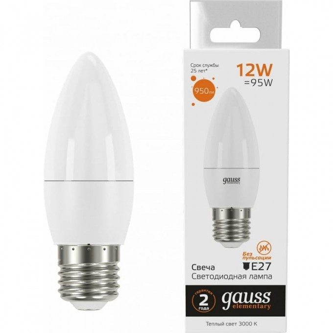 Лампа GAUSS ELEMENTARY Свеча 12W 950lm 3000K E27 LED 30212 Лампа GAUSS ELEMENTARY Свеча 12W 950lm 3000K E27 LED 30212