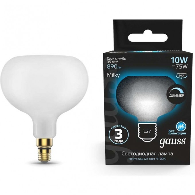 Лампа GAUSS FILAMENT А190 10W 890lm 4100К Е27 milky диммируемая LED 1017802210-D Лампа GAUSS FILAMENT А190 10W 890lm 4100К Е27 milky диммируемая LED 1017802210-D