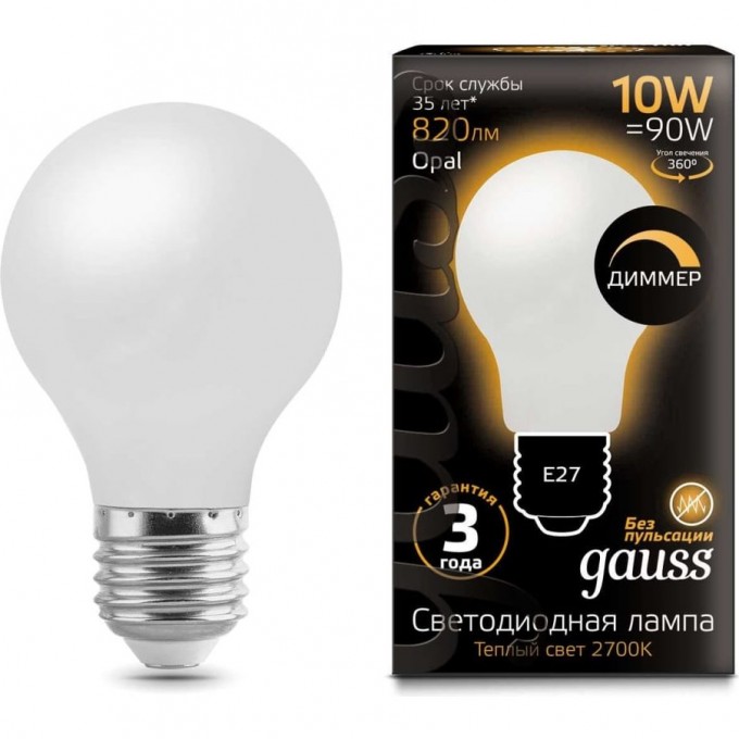 Лампа GAUSS FILAMENT А60 10W 2700К Е27 LED 1/10/40 milky диммируемая 102202110-D Лампа GAUSS FILAMENT А60 10W 2700К Е27 LED 1/10/40 milky диммируемая 102202110-D