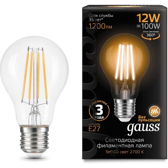 Лампа GAUSS FILAMENT А60 12W 1200lm 2700К Е27 LED 102902112 Лампа GAUSS FILAMENT А60 12W 1200lm 2700К Е27 LED 102902112