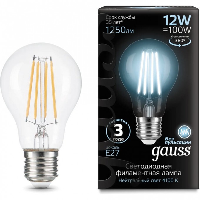 Лампа GAUSS FILAMENT А60 12W 4100К Е27 LED 1/10/40 102902212 Лампа GAUSS FILAMENT А60 12W 4100К Е27 LED 1/10/40 102902212