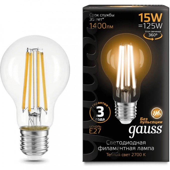 Лампа GAUSS FILAMENT А60 15W 1400lm 2700К Е27 LED 102902115 Лампа GAUSS FILAMENT А60 15W 1400lm 2700К Е27 LED 102902115