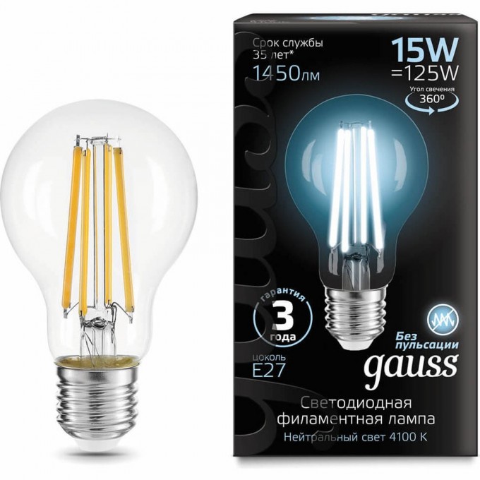 Лампа GAUSS FILAMENT А60 15W 4100К Е27 LED 1/10/40 102902215 Лампа GAUSS FILAMENT А60 15W 4100К Е27 LED 1/10/40 102902215