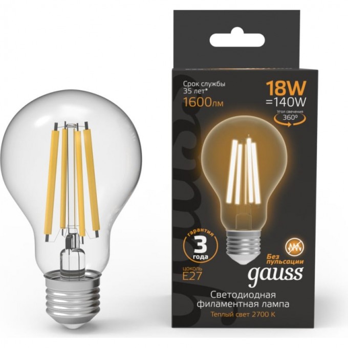 Лампа GAUSS FILAMENT А60 18W 1600lm 2700К Е27 LED 102902118 Лампа GAUSS FILAMENT А60 18W 1600lm 2700К Е27 LED 102902118