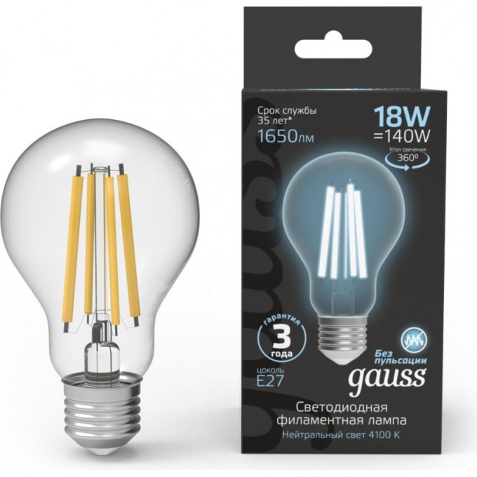 Лампа GAUSS FILAMENT А60 18W 1650lm 4100К Е27 LED 102902218 Лампа GAUSS FILAMENT А60 18W 1650lm 4100К Е27 LED 102902218