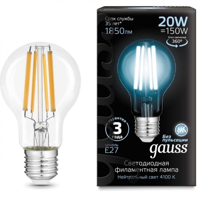 Лампа GAUSS FILAMENT А60 20W 1850lm 4100К Е27 LED 102902220 Лампа GAUSS FILAMENT А60 20W 1850lm 4100К Е27 LED 102902220