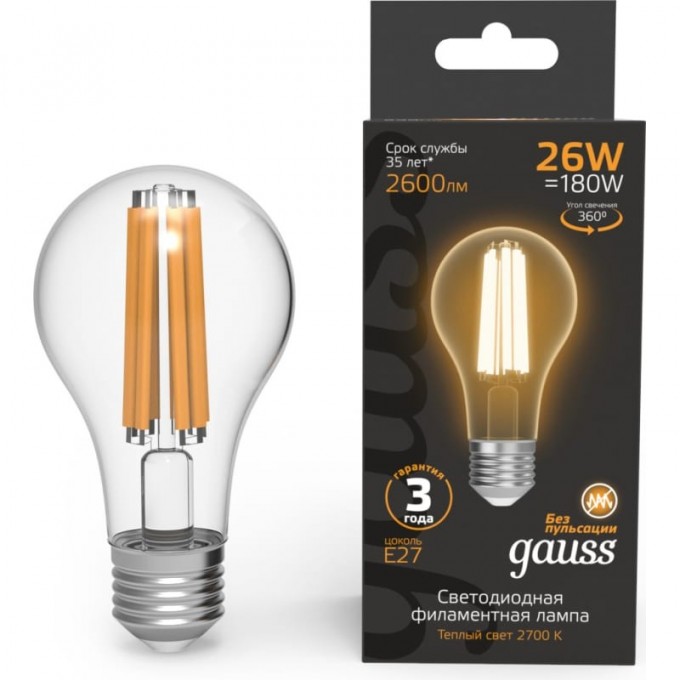 Лампа GAUSS FILAMENT А70 26W 2600lm 2700К Е27 LED 102902126 Лампа GAUSS FILAMENT А70 26W 2600lm 2700К Е27 LED 102902126