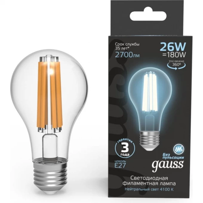 Лампа GAUSS FILAMENT А70 26W 2700lm 4100К Е27 LED 102902226 Лампа GAUSS FILAMENT А70 26W 2700lm 4100К Е27 LED 102902226