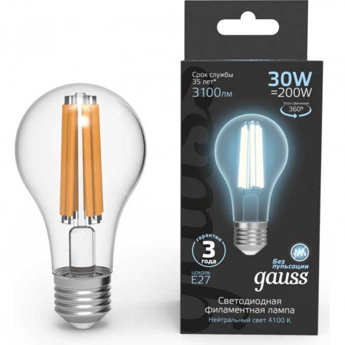 Лампа GAUSS FILAMENT А70 30W 3100lm 4100К Е27 LED 102902230 Лампа GAUSS FILAMENT А70 30W 3100lm 4100К Е27 LED 102902230