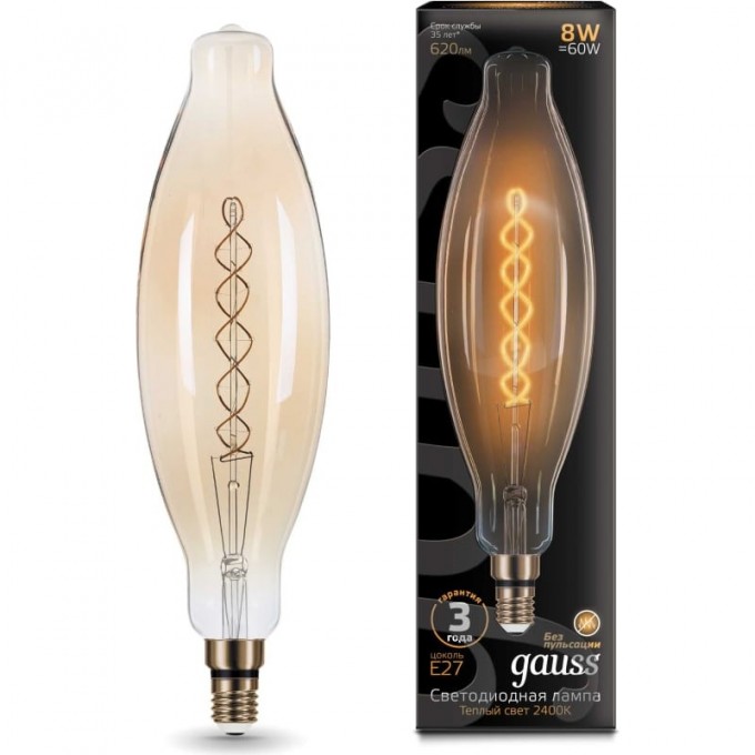 Лампа GAUSS FILAMENT BT120 8W 620lm 2400К Е27 golden flexible LED 156802008 Лампа GAUSS FILAMENT BT120 8W 620lm 2400К Е27 golden flexible LED 156802008
