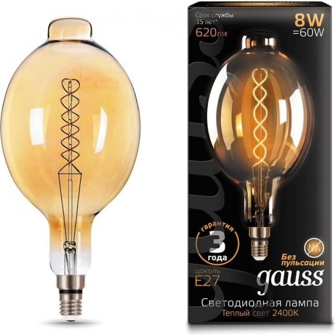 Лампа GAUSS FILAMENT BT180 8W 620lm 2400К Е27 golden flexible LED 152802008 Лампа GAUSS FILAMENT BT180 8W 620lm 2400К Е27 golden flexible LED 152802008
