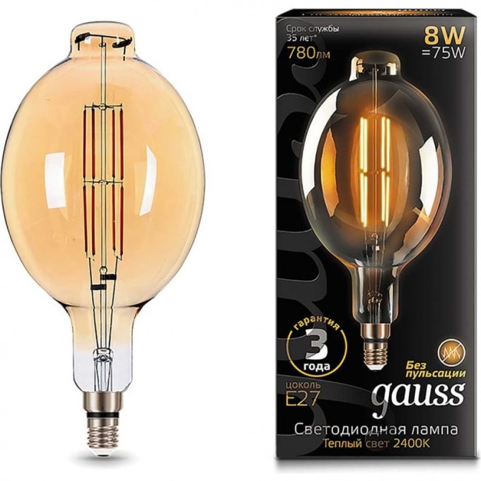 Лампа GAUSS FILAMENT BT180 8W 780lm 2400К Е27 golden straight LED 151802008 Лампа GAUSS FILAMENT BT180 8W 780lm 2400К Е27 golden straight LED 151802008