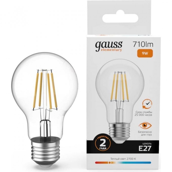 Лампа GAUSS FILAMENT ELEMENTARY А60 9W 710lm 2700К Е27 LED 1/10/50 22219 Лампа GAUSS FILAMENT ELEMENTARY А60 9W 710lm 2700К Е27 LED 1/10/50 22219