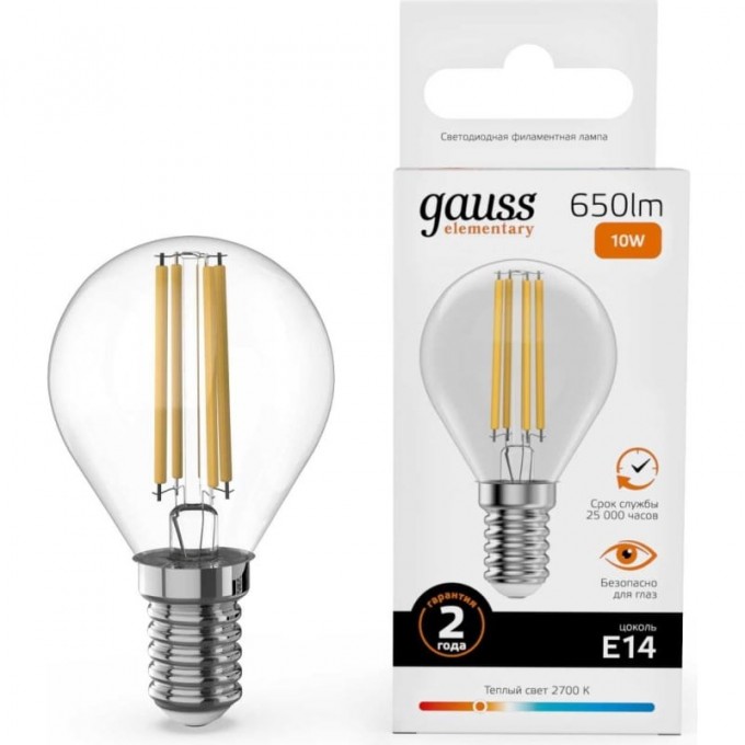 Лампа GAUSS FILAMENT ELEMENTARY Шар 10W 650lm 2700К Е14 LED 1/10/100 52110 Лампа GAUSS FILAMENT ELEMENTARY Шар 10W 650lm 2700К Е14 LED 1/10/100 52110
