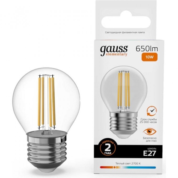Лампа GAUSS FILAMENT ELEMENTARY Шар 10W 650lm 2700К Е27 LED 1/10/100 52210 Лампа GAUSS FILAMENT ELEMENTARY Шар 10W 650lm 2700К Е27 LED 1/10/100 52210