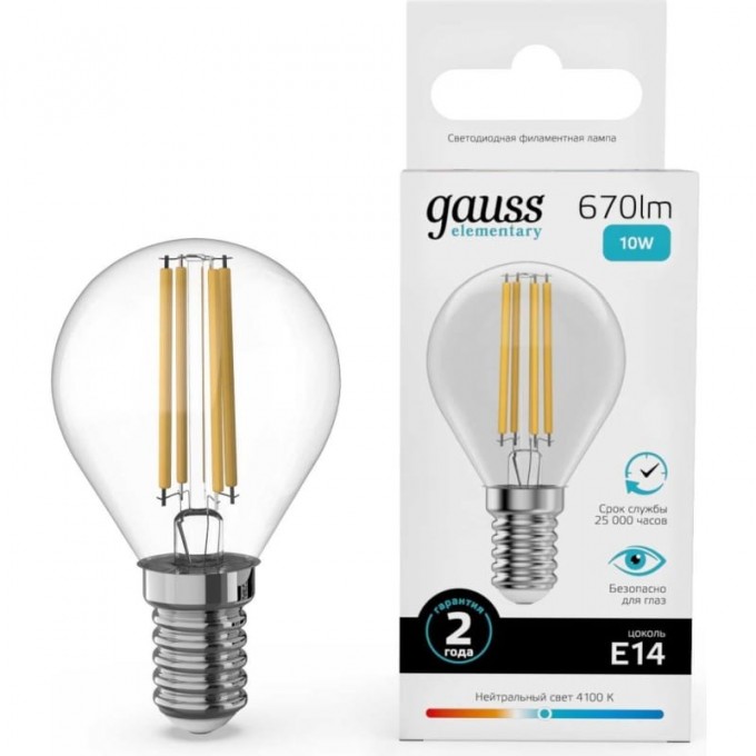 Лампа GAUSS FILAMENT ELEMENTARY Шар 10W 670lm 4100К Е14 LED 1/10/100 52120 Лампа GAUSS FILAMENT ELEMENTARY Шар 10W 670lm 4100К Е14 LED 1/10/100 52120