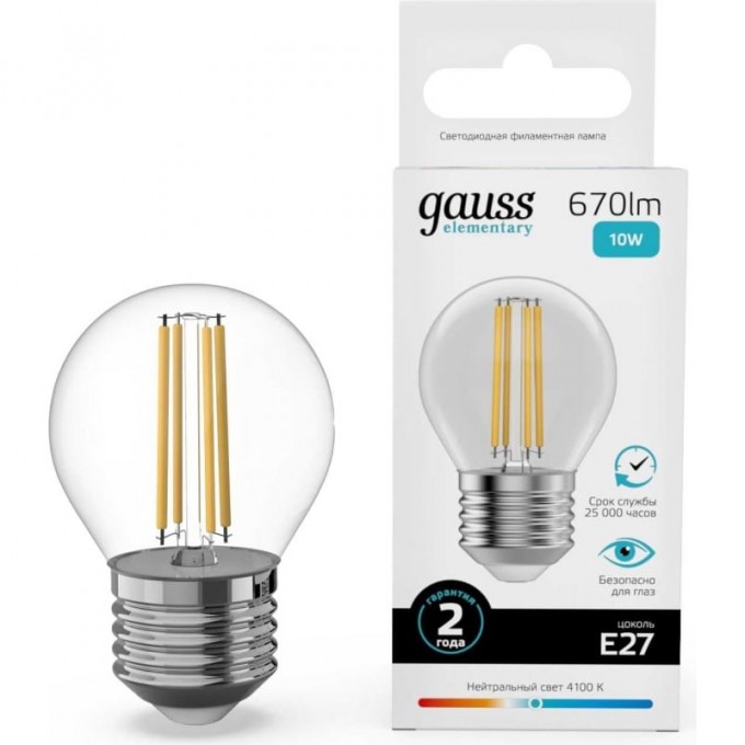 Лампа GAUSS FILAMENT ELEMENTARY Шар 10W 670lm 4100К Е27 LED 1/10/100 52220 Лампа GAUSS FILAMENT ELEMENTARY Шар 10W 670lm 4100К Е27 LED 1/10/100 52220