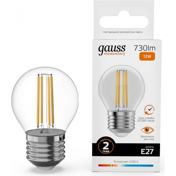 Лампа GAUSS FILAMENT ELEMENTARY Шар 12W 730lm 2700К Е27 LED 1/10/100 52212 Лампа GAUSS FILAMENT ELEMENTARY Шар 12W 730lm 2700К Е27 LED 1/10/100 52212