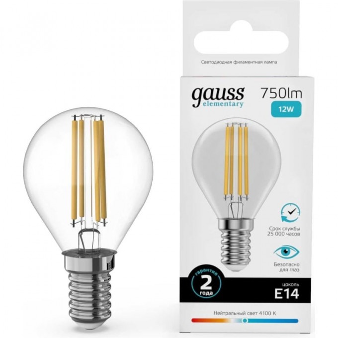 Лампа GAUSS FILAMENT ELEMENTARY Шар 12W 750lm 4100К Е14 LED 1/10/100 52122 Лампа GAUSS FILAMENT ELEMENTARY Шар 12W 750lm 4100К Е14 LED 1/10/100 52122